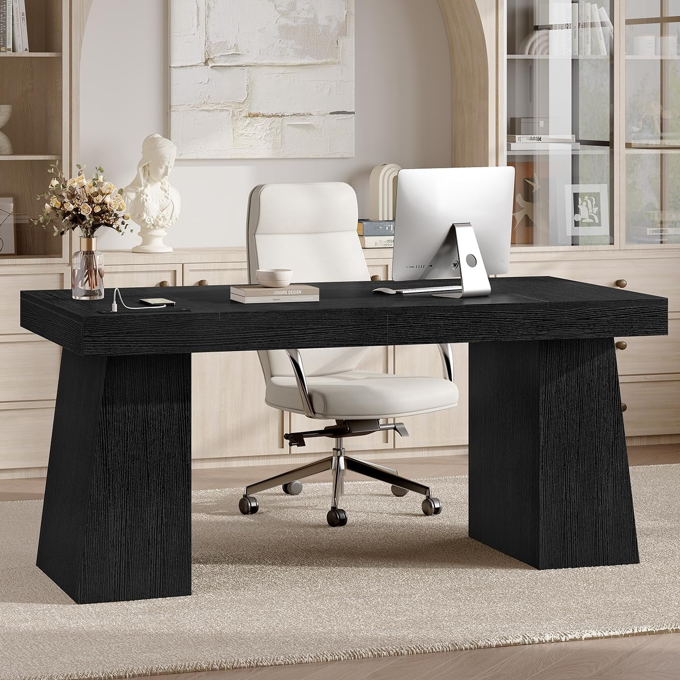 55.9" Executive Desk with Power Outlets, Home Office Desk with Double Pedestal & 2 Storage Cabinet, Wood Computer Desk, Modern Business Workstation (Black)