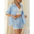 thumbnail image 3 of SUNSIOM Women's 2 Piece Short Set, Lapel Neck Short Sleeve Button Down Tops + Drawstring Shorts Summer Outfits, 3 of 9