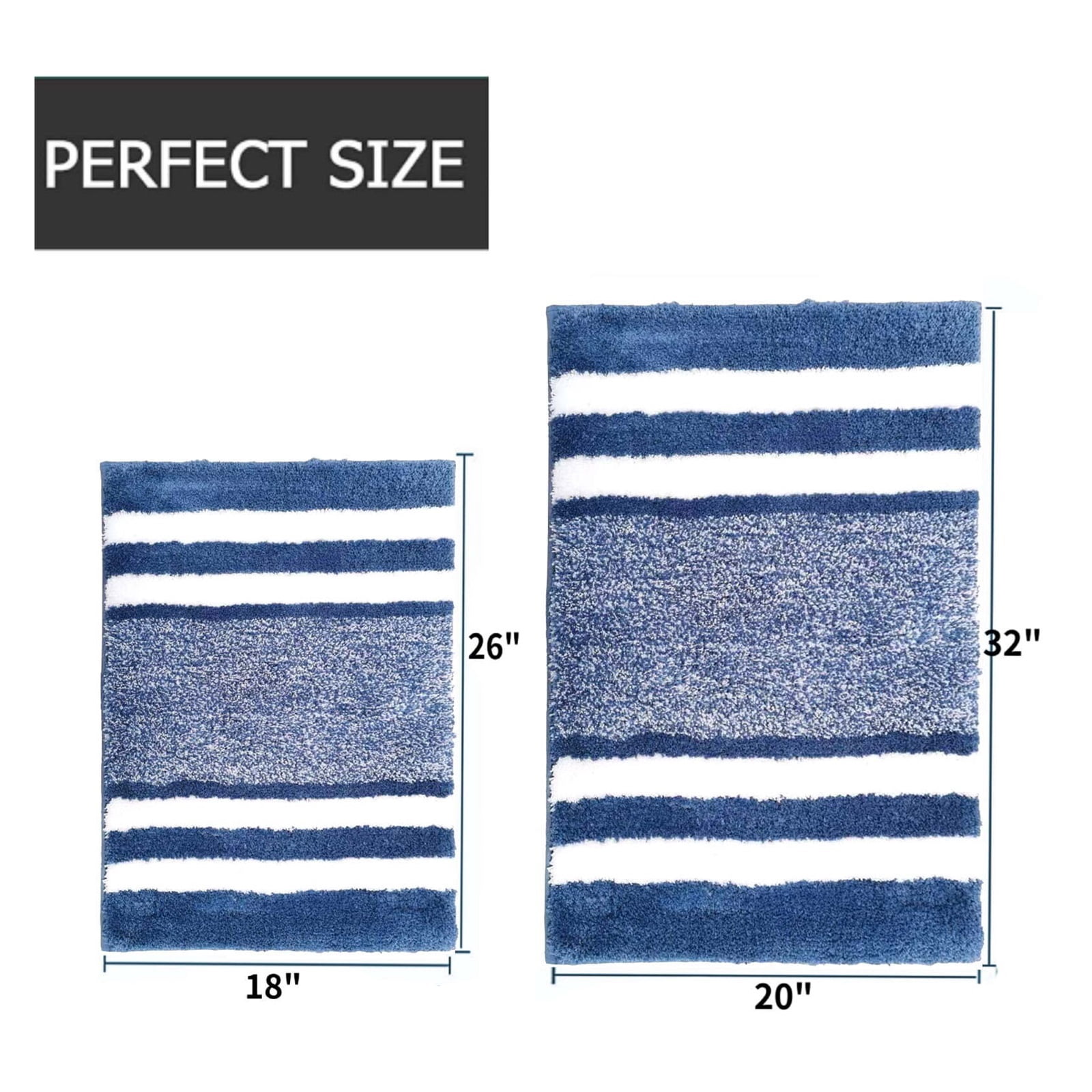 Bath Mat, Bathroom Rug Set, Non Slip Absorbent Quick Dry Bath Room Runner Rugs, Extra Soft Microfiber Washable Machine Tub Bathtub Shower Floor Carpet, Blue & White