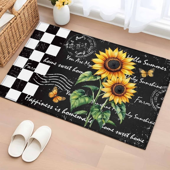 2x3 Ft Entryway Area Rug, Sunflower Kitchen Rug Runner Washable Floor Mat, Summer Botanical Floral Vintage Black Plaid Non Slip Indoor Door Mat Throw Carpet for Bathroom Living Room Bedroom