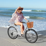 Lilypelle 24/26inch Beach Cruiser Bicycle for Women, 7 Speed Step Through Adult Commute Bike with Basket & Rack,White