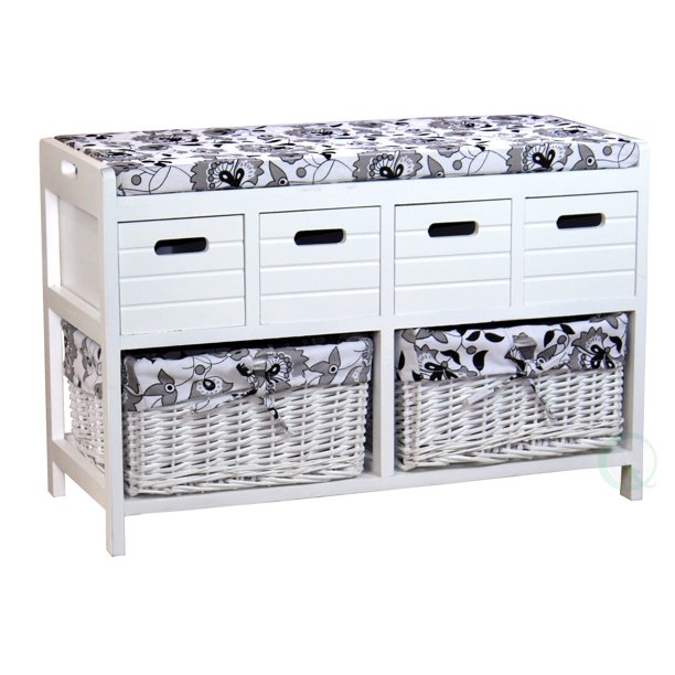 Storage Bench with 4 Drawers and 2 Wicker Baskets