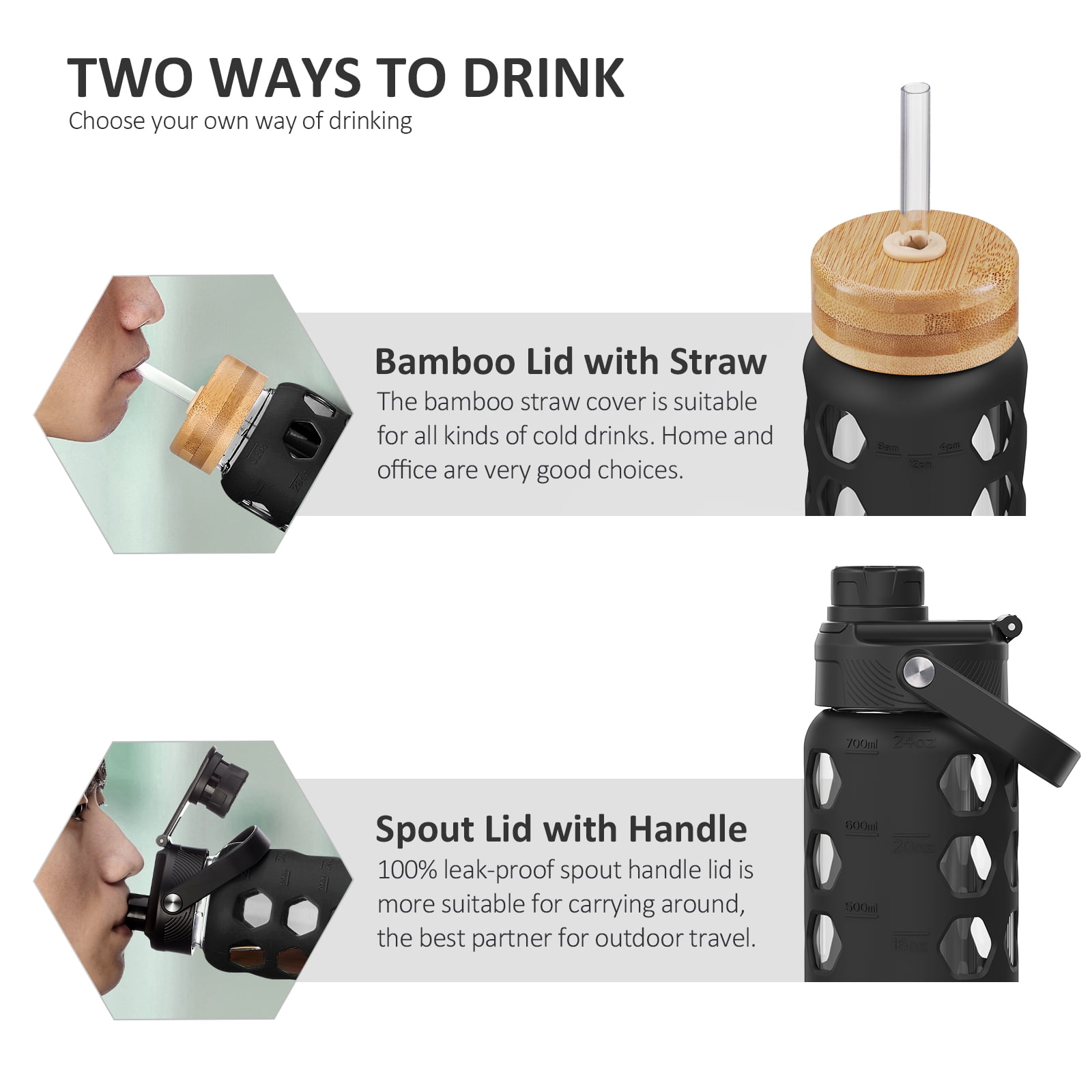 MUKOKO 24oz Glass Water Bottles, Motivational Water Tumbler with 2 Lids-Handle Spout Lid&Bamboo Straw Lid, Time Marker Reminder and Silicone Sleeve, Black
