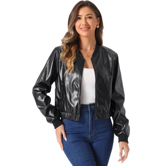 DARING DIVA Women's Long Sleeve Zip Up Faux Leather PU Bomber Jacket XS Black