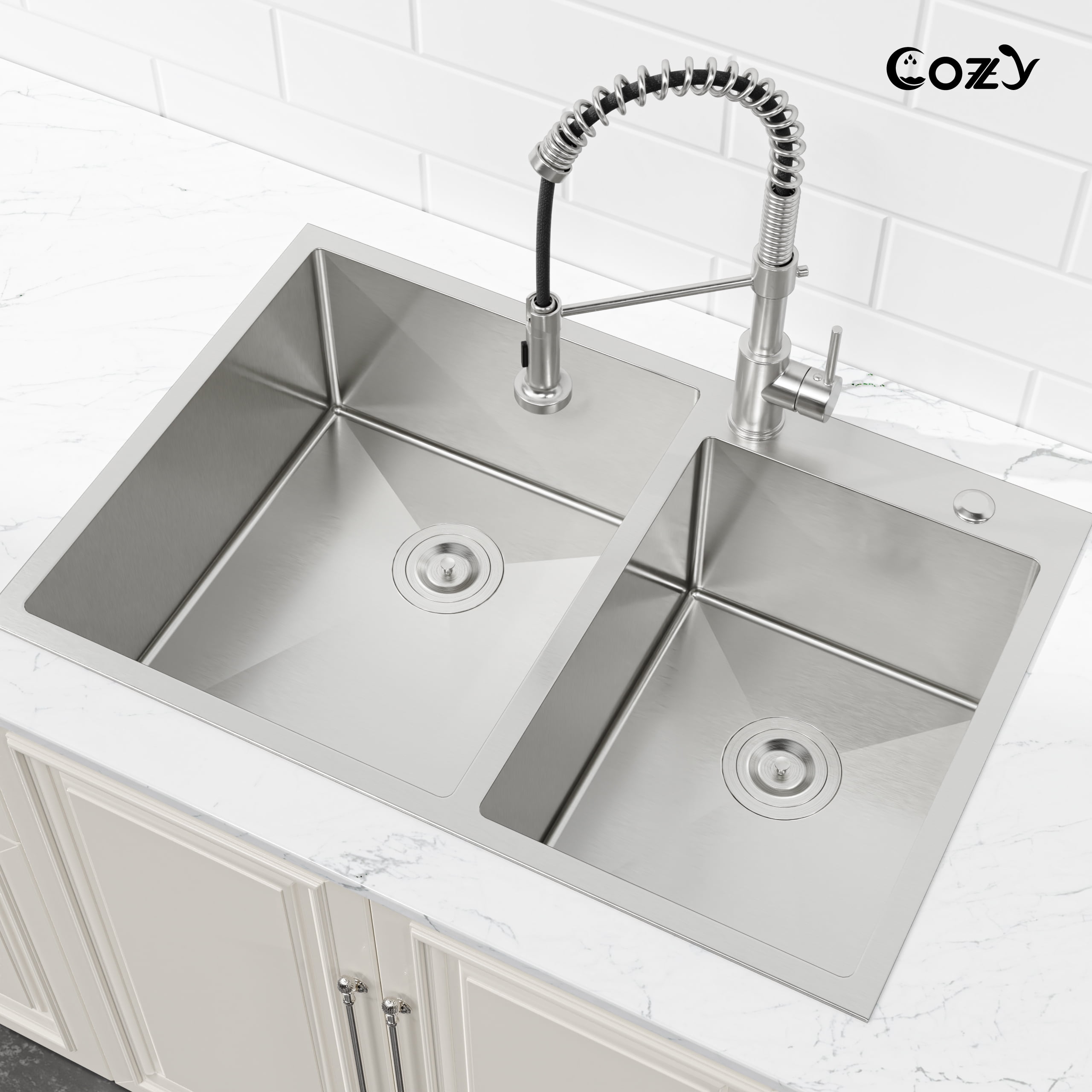 COZY 33″x22″ Stainless Steel Kitchen Sink, Double Bowl in Brushed Nickel, Overmount Handmade Sink, with US Standard Drain and Hook, SS-BR03D-332208