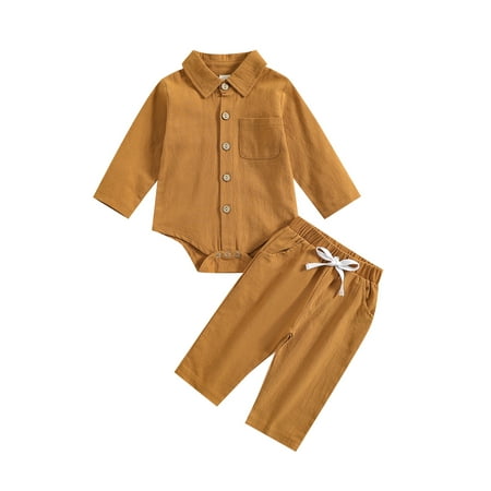 

Infant 2 Pieces Outfit Solid Color Lapel Shirts Romper + Pants