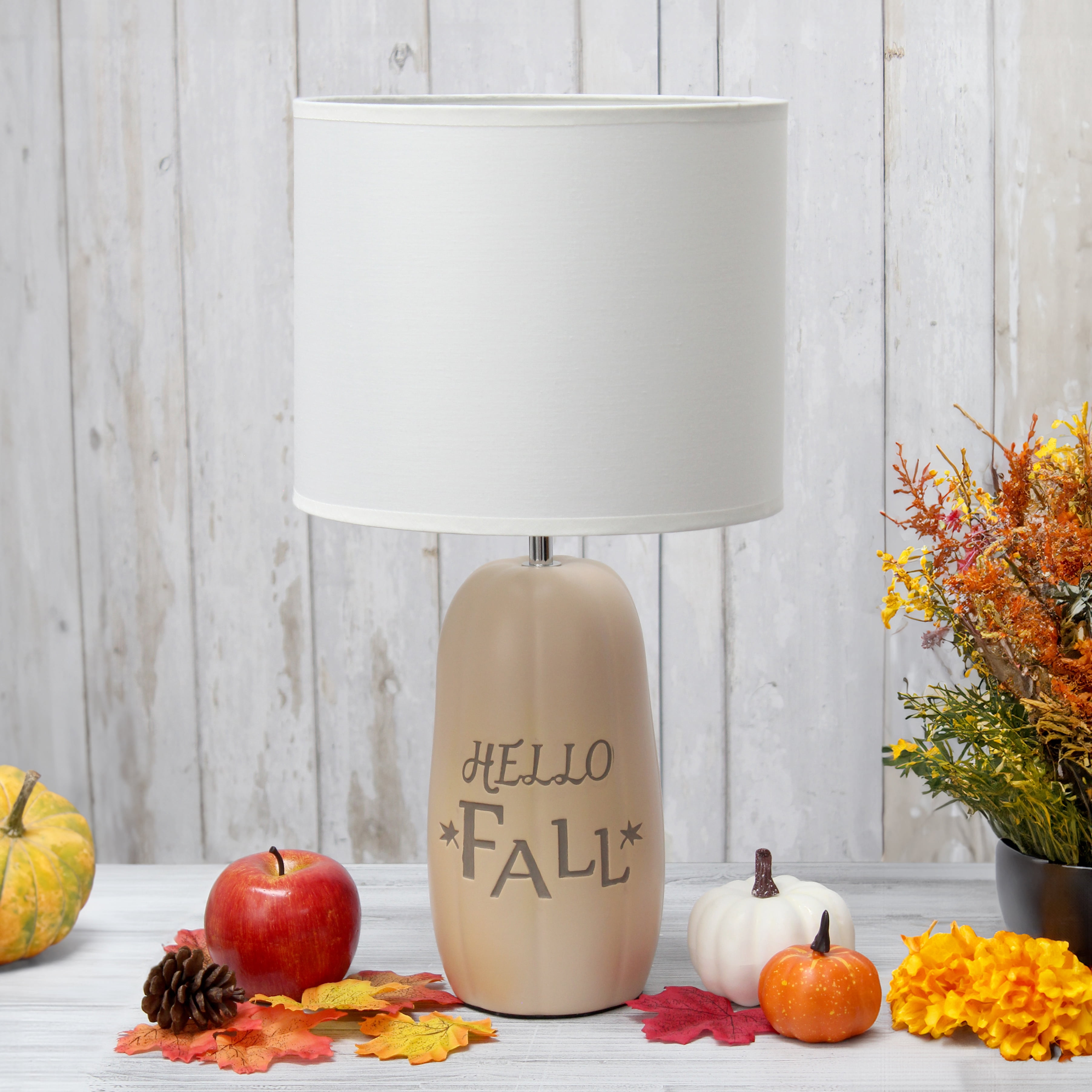 Simple Designs 17.88" Cozy Autumn "Hello Fall" Pumpkin-Shaped Table Lamp with White Drum Shade