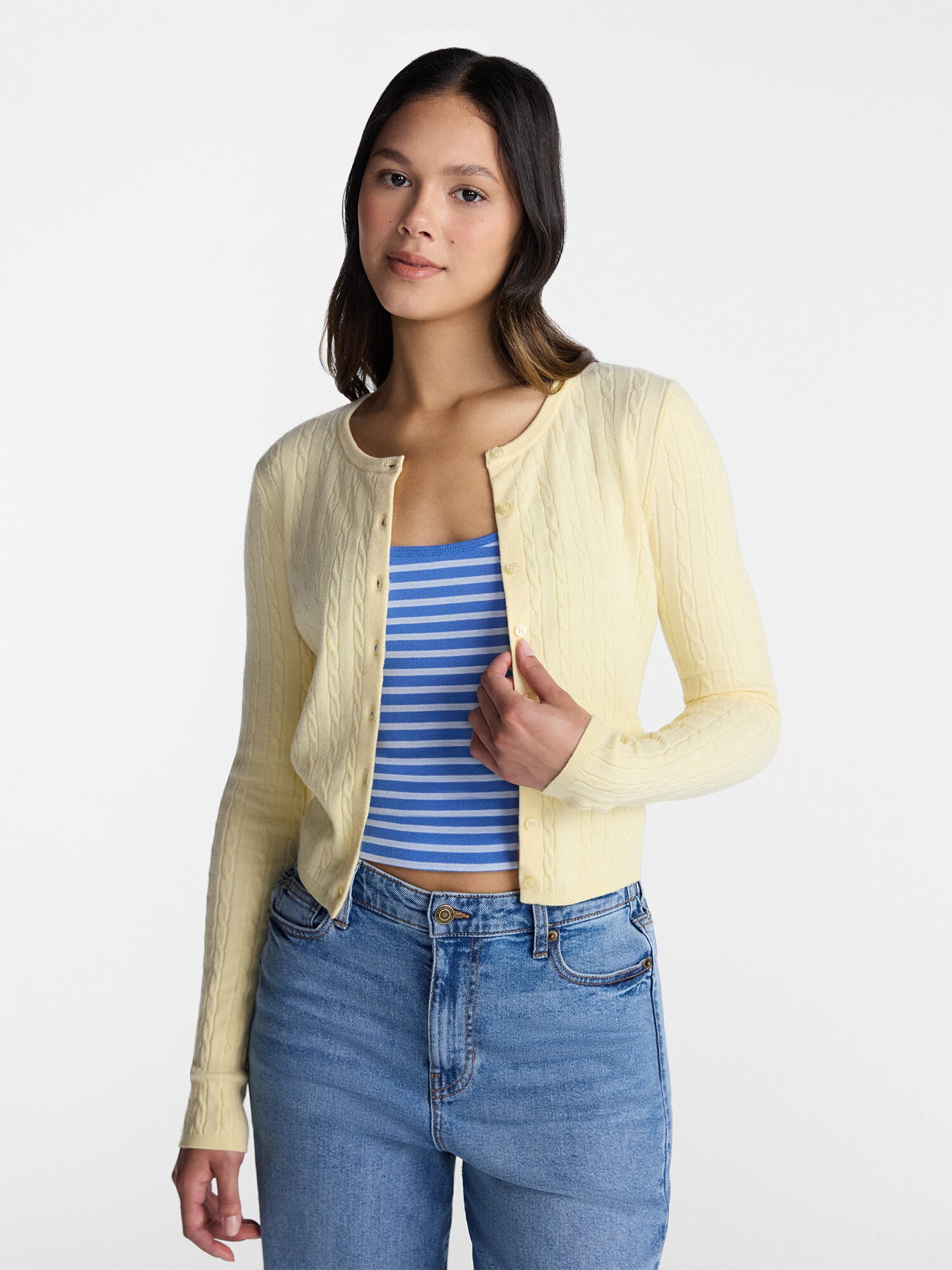 No Boundaries Cable Knit Crewneck Cardigan, Women's XXS-4X