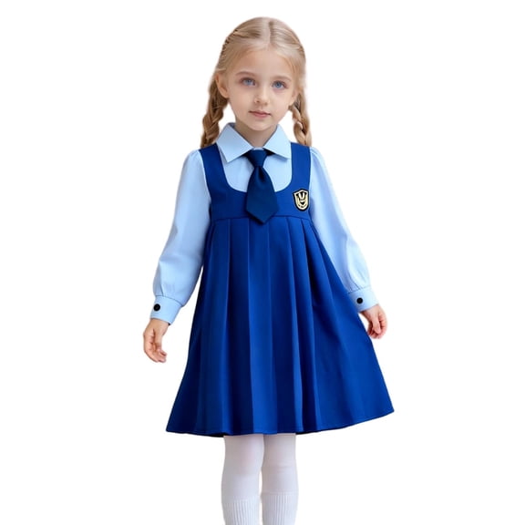 Girls School Uniform Dress Pleated Kids Knee Length Sleeveless Dress Long Sleeve Collared Casual Dresses with Tie Sets 4-8Y