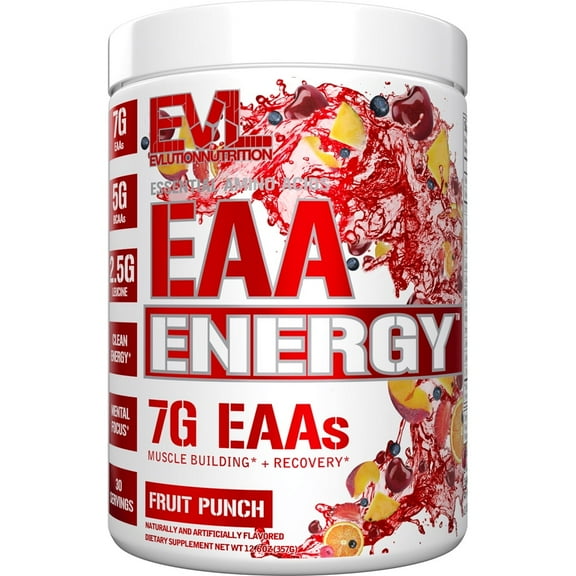 Evlution Nutrition EAA Energy - Pre & Post Workout Powder - Muscle Building & Recovery Supplement - 7g Essential Amino Acids   5g BCAAs - Clean Energy - With Caffeine - 30 Servings - Fruit Punch
