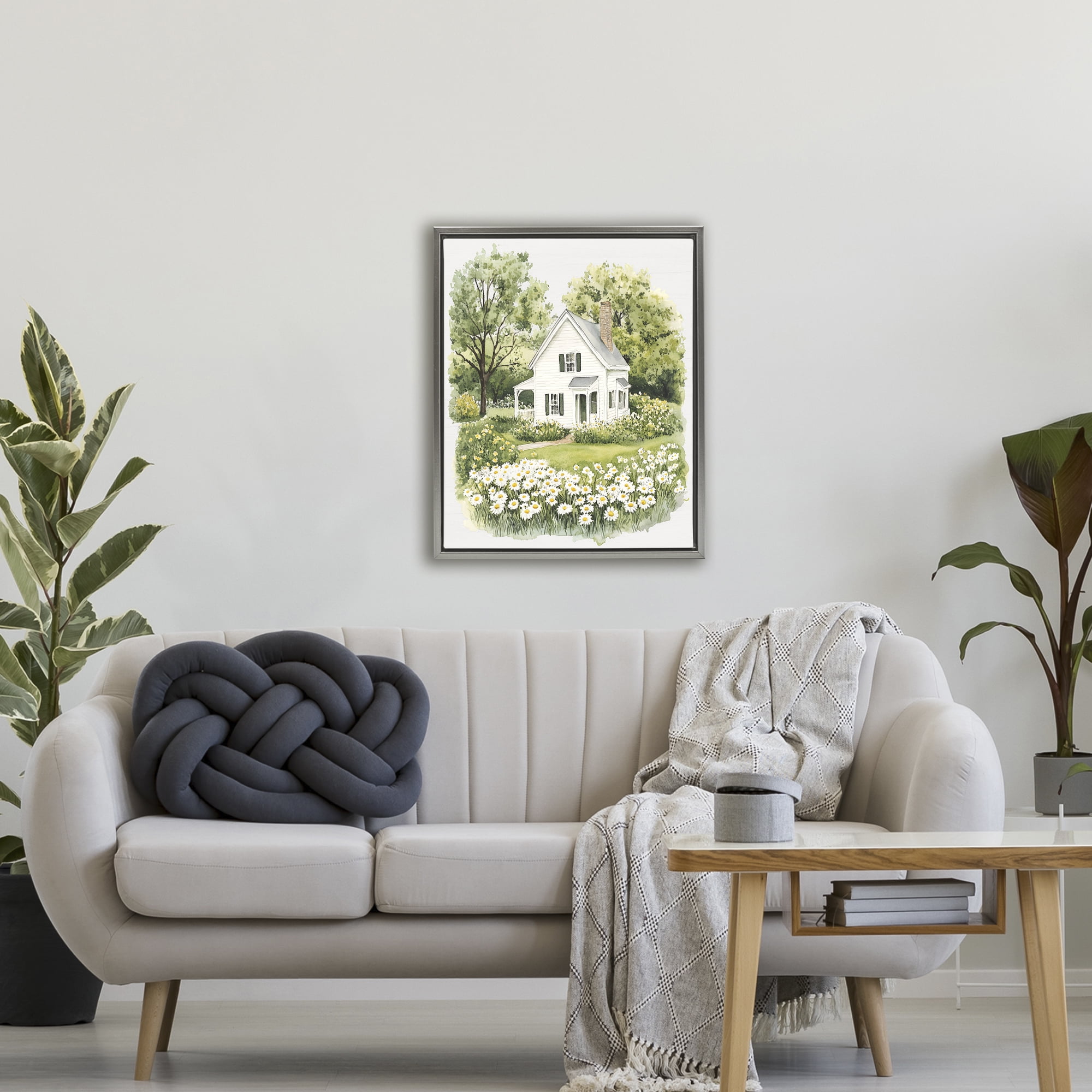 Quaint Countryside Cottage Garden Gray Framed Floater Canvas Wall Art, design by Lettered and Lined