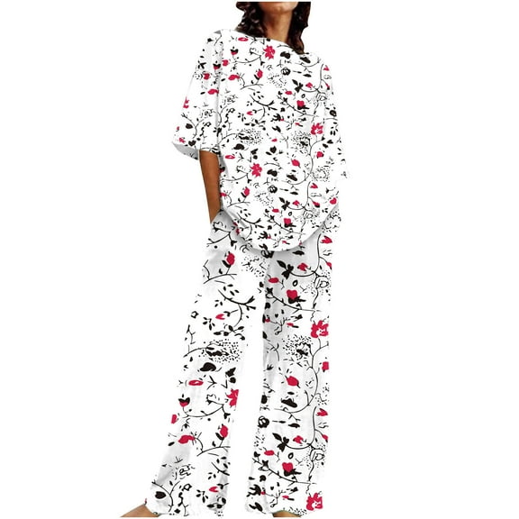 Women Winter Casual Outfit Suit Loose Floral Printed 2 Piece Short Sleeve Tops Wide Leg Pants with Pockets Sets