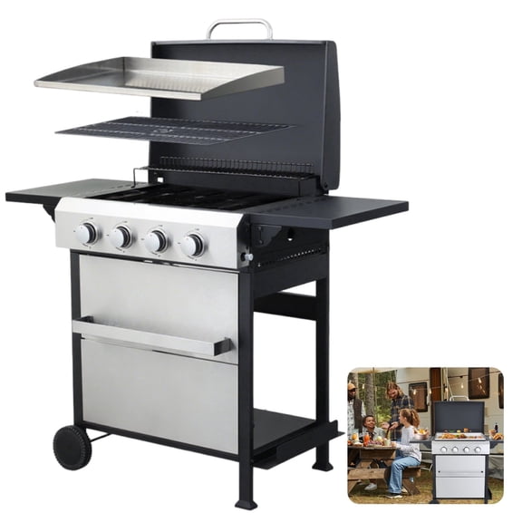 XXLYY 4-Burner Propane Gas Grill, Stainless Steel, 49200 BTU Output With Wire Enamel Cooking Grids, Foldable Side Table, Hanging Basket for Outdoor Barbecue