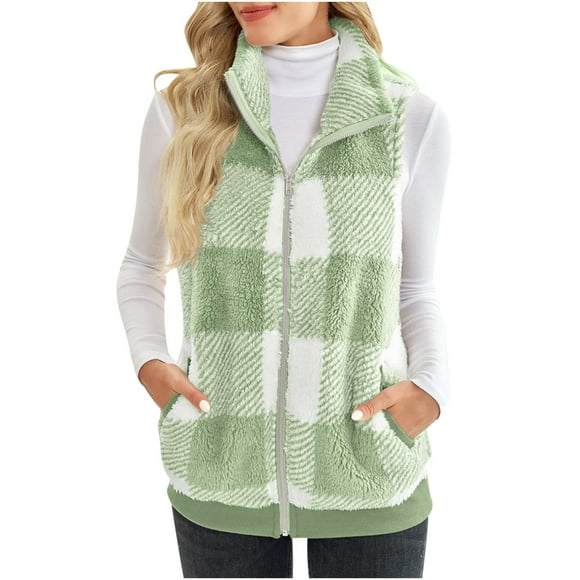 Meichang Women's Vests Coats Stand Collar Sleeveless Fuzzy Fleece Plaid Vests Casual Soft Color Block Coats Winter Warm Zip Up Vests Jackets with Pockets