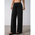 thumbnail image 4 of Women's Striped High Waist Drawstring Wide Leg Loose Casual Trousers with Pockets Black L, 4 of 9