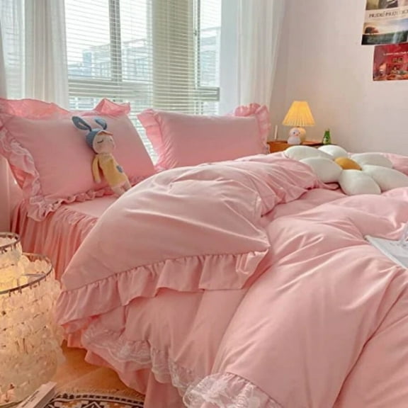 Twin Duvet Cover Set 2 Piece - Ultra Soft Lightweight Polyester Bedding with Ruffle Lace Design, Zipper Closure, Girl Pink for Teen Girls Kids Bedroom