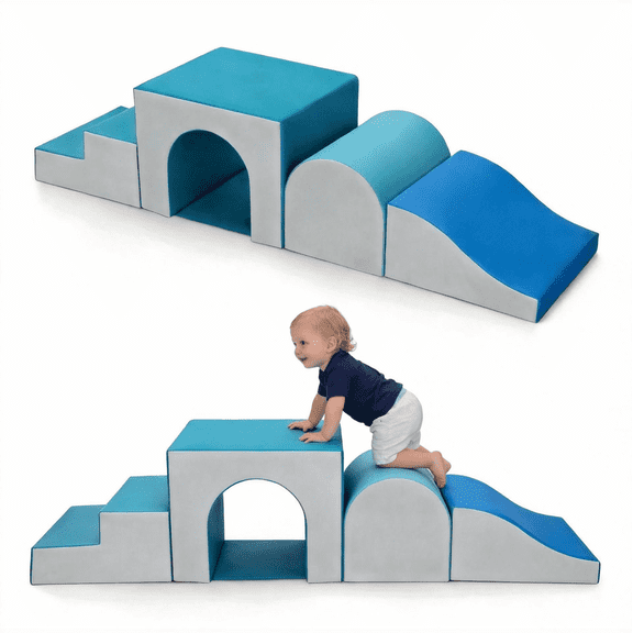 SweHouse 4pcs Soft Play PU Leather Foam Climbing Blocks for Toddlers, Arched Ellipse Climbing Toys for Toddlers for Climb,Crawl and Slide, Baby Climbing Toys for Child Development (Blue)