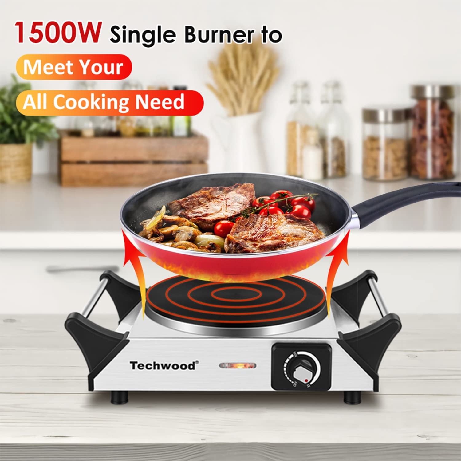 Techwood 1500W Portable Electric Hot Plate Single Burner 13.78 Inch Stainless Steel