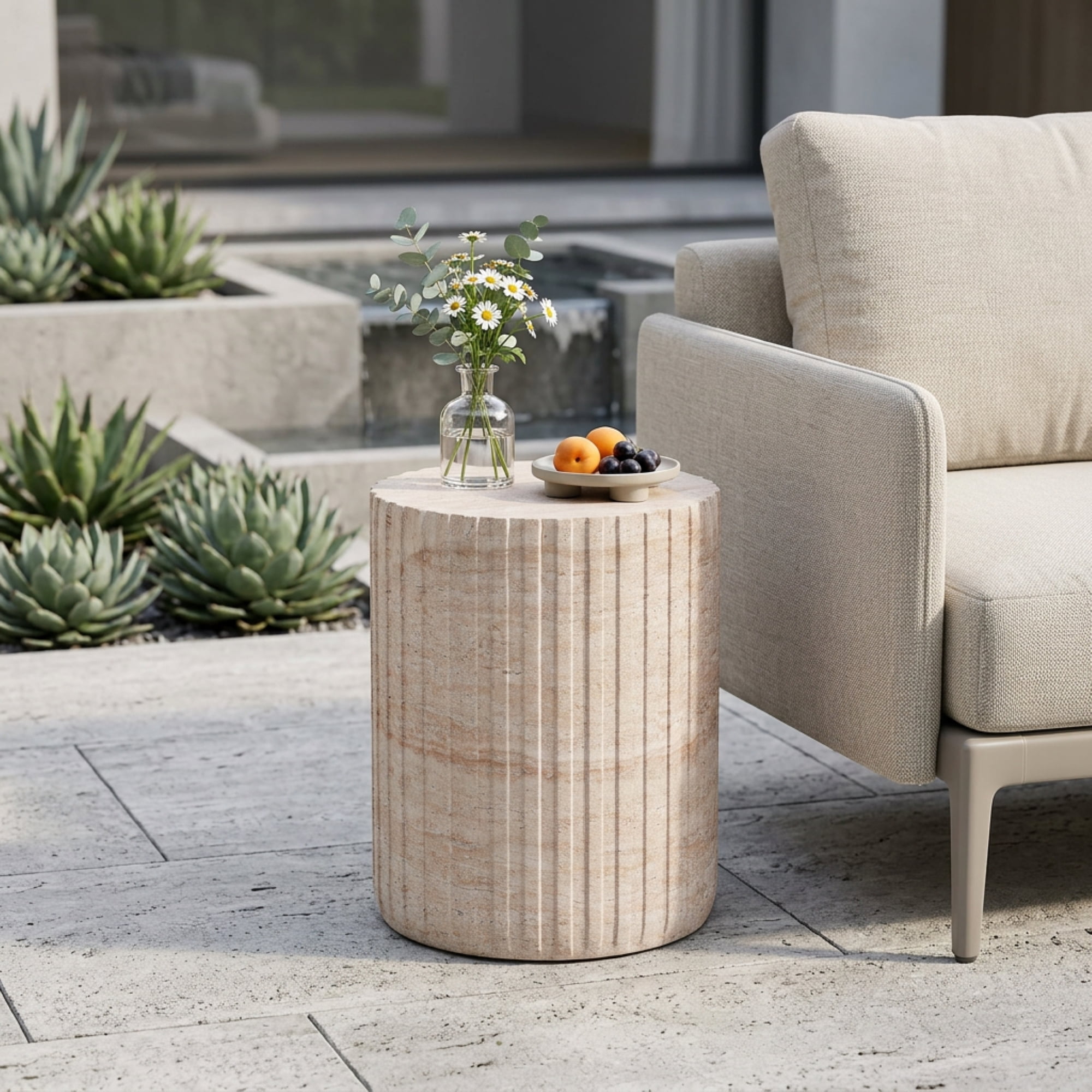Side Table, Outdoor Indoor Lightweight Concrete Table for Patio Balcony Garden, Travertine Finish