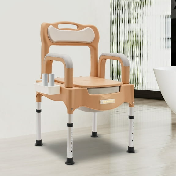 Wildnix Portable Bedside Commode Chair with Adjustable Height, Armrests, Tissue Holder, Night Light for Convenient Toileting at Home