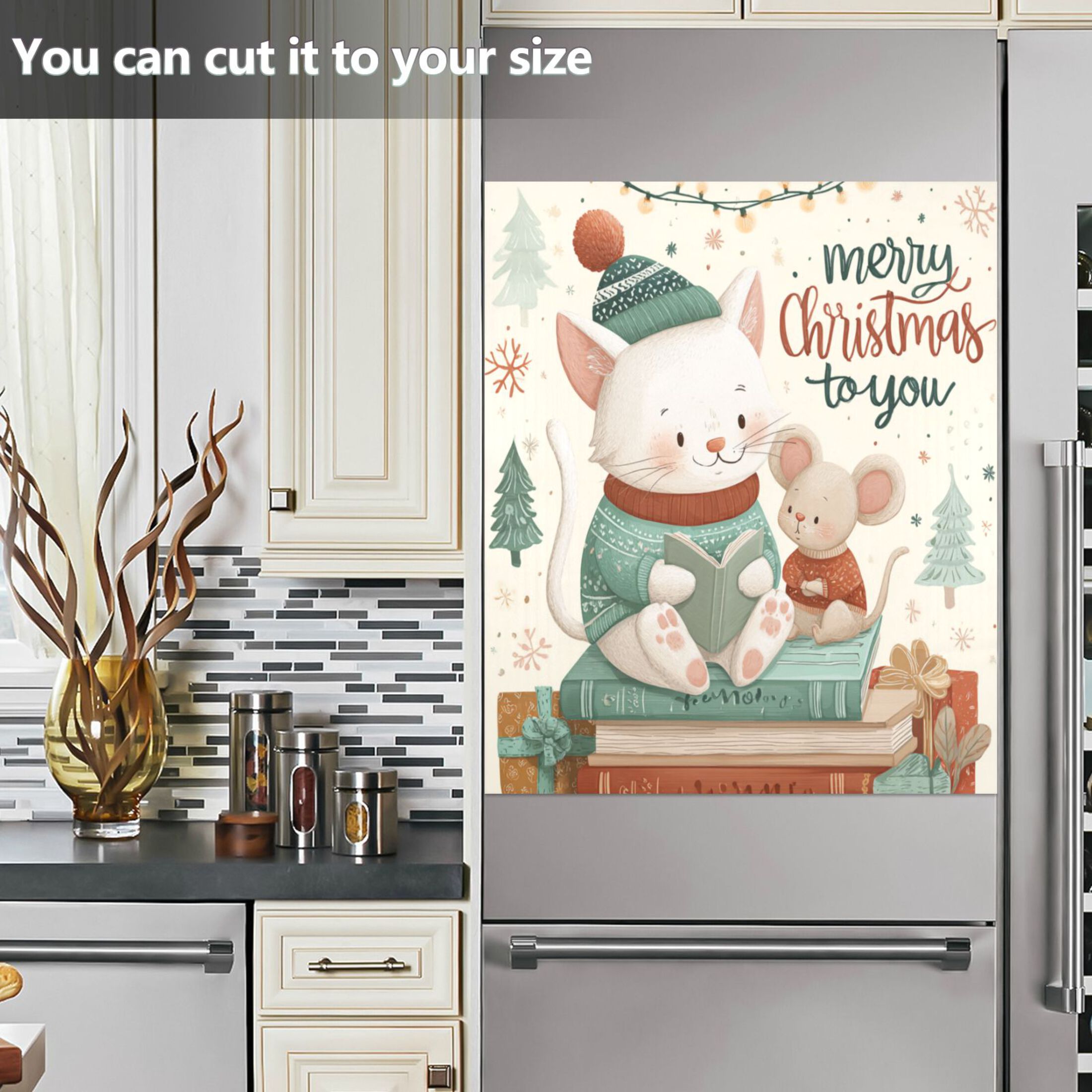 Dishwasher Magnetic Refrigerator Magnet Cover Sticker Home Decorative 23"x26" Christmas Cat and Mouse