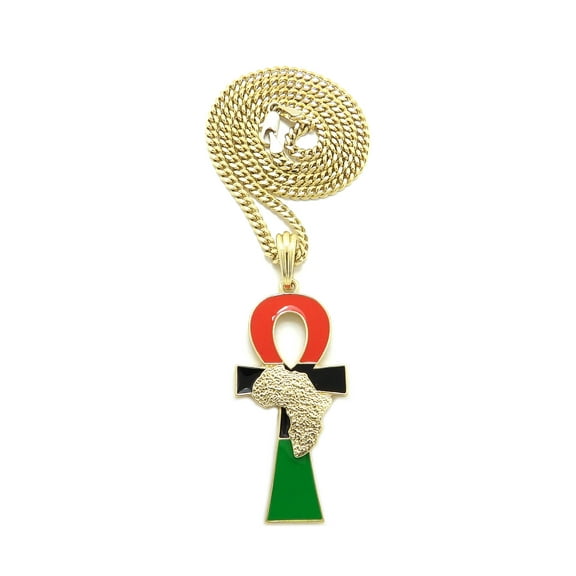 iJewelry2 Afro-American Colored Coptic ANKH Nugget Design Cross with Africa Motif Gold Tone Cuban Chain Pendant Necklace 18''