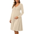 thumbnail image 3 of UKHCCC Women's Maternity Midi Dress, V-Neck Long Sleeve Ribbed Knit A-Line Dress with High Waist, Stretchy Loose Pregnancy Dress for Work, 3 of 8