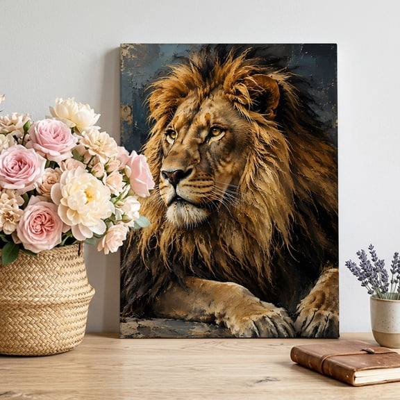 Canvas Wall Art Resting Lion Canvas Art Print Rustic Vintage Brown Wildlife Golden Mane Textured Pictures Wall Decor for Living Room Bedroom Artwork Decorations Stretched Framed Ready to Hang 12"x18"