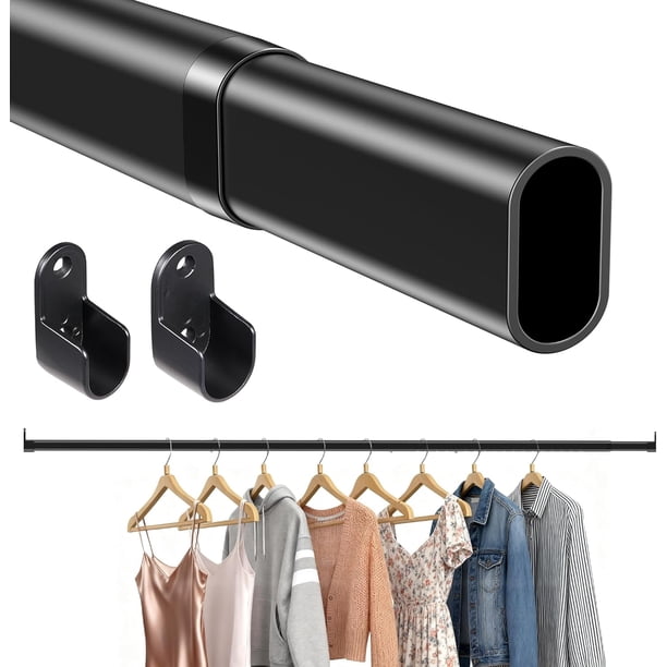 Varilla ovalada para clóset, varillas ampliables ajustables para colgar ropa con soportes finales, barra de clóset y barra negra resistente a la corrosión para lavadero