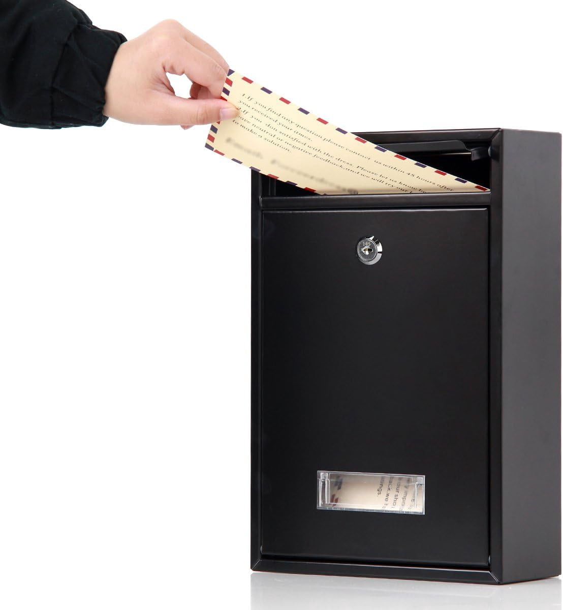 Locking Mailbox Wall Mounted Vertical – Key Lock Drop Box Medium Capacity Galvanized Steel Cover Rust-Proof Metal Post Box, Black