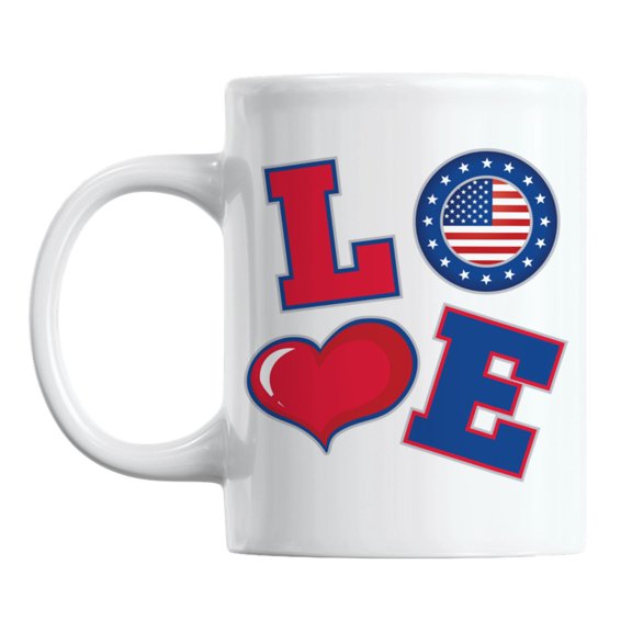 Love for America or USA, Patriotic White Ceramic Coffee & Tea Mug Cup (11oz)