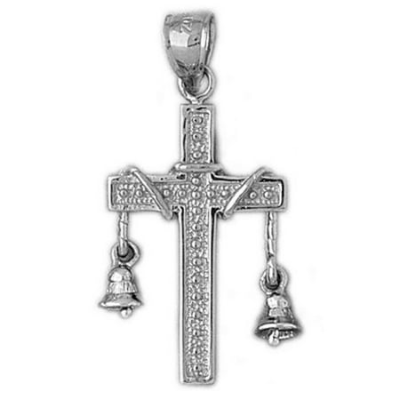 18K White Gold Cross With Bell Pendant - 35 mm