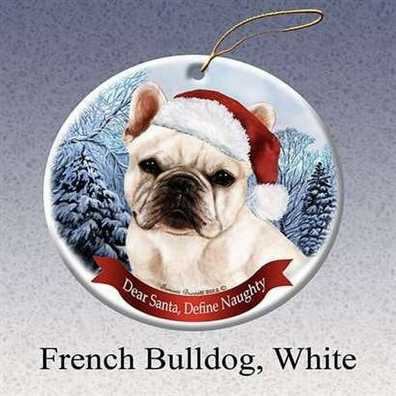 Holiday Pet Gifts French Bull (White) Santa Hat Dog Porcelain Christmas Ornament