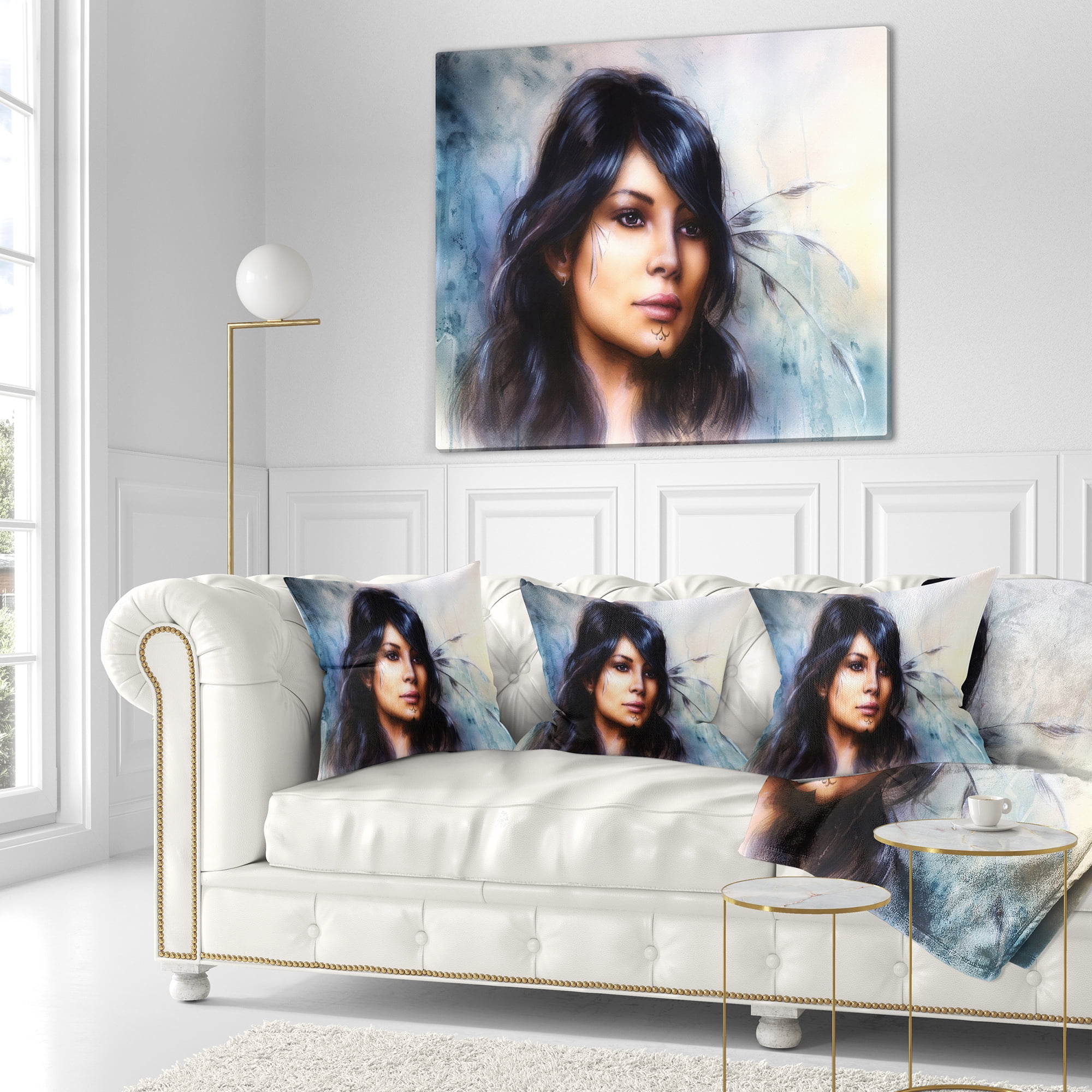 Designart Indian Woman with Ornament Tattoo - Portrait Throw Pillow - 18x18