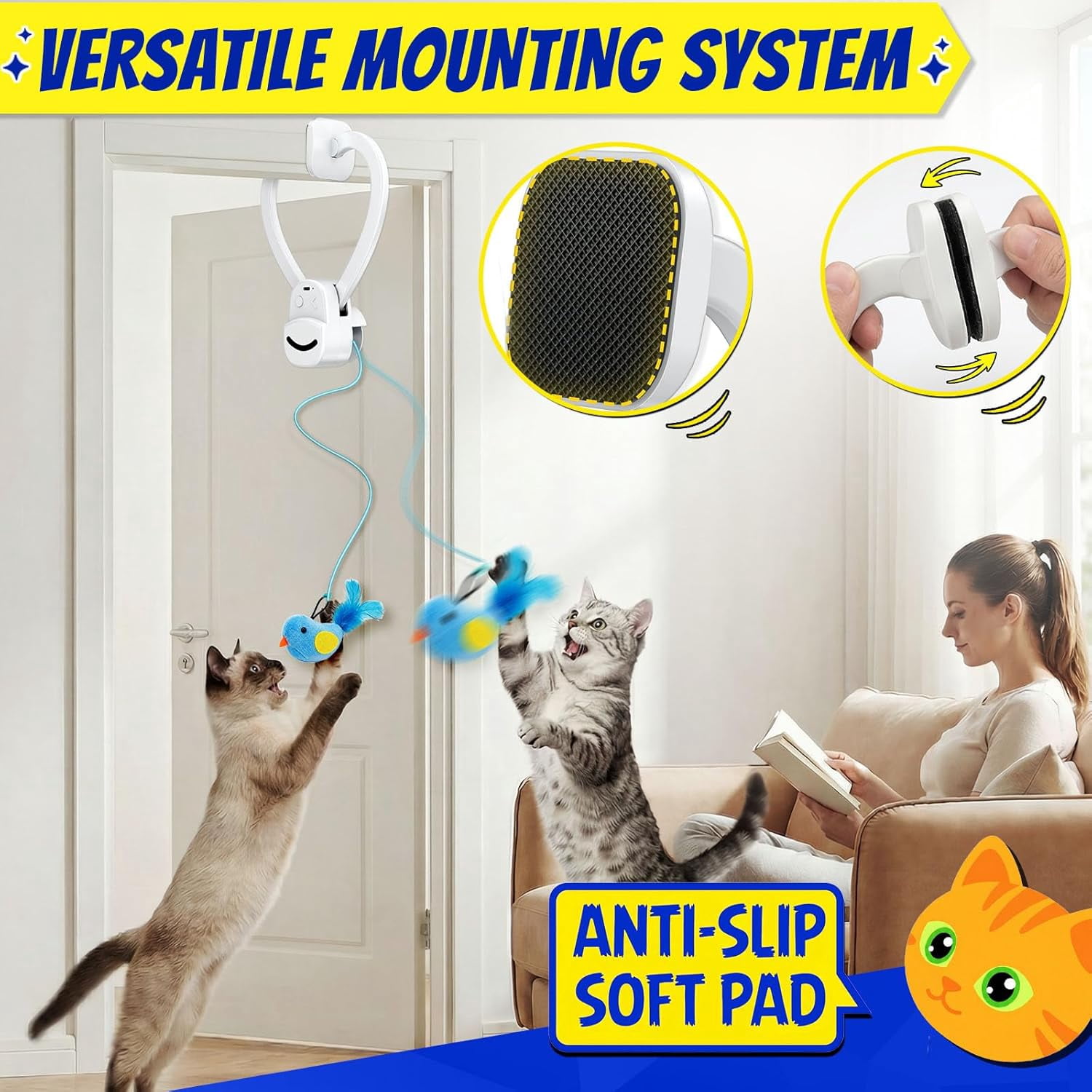 Interactive Cat Toys for Indoor Cats - Automatic Flying Bird & Mouse Doorway Hanging Toy, USB Rechargeable Electric Kitten Toy for Hunting Instinct, Enrichment & Exercise, 2 Birds & 1 Mouse