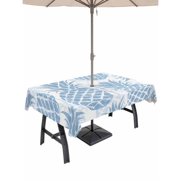 52x70 Inch Outdoor Tablecloth with Umbrella Hole Zipper Rectangle Sky Blue Pineapple Rectangular Tablecloths Outside Waterproof Summer Botanical Tropical Fruits Patio Table Cloth Cover for Picnic