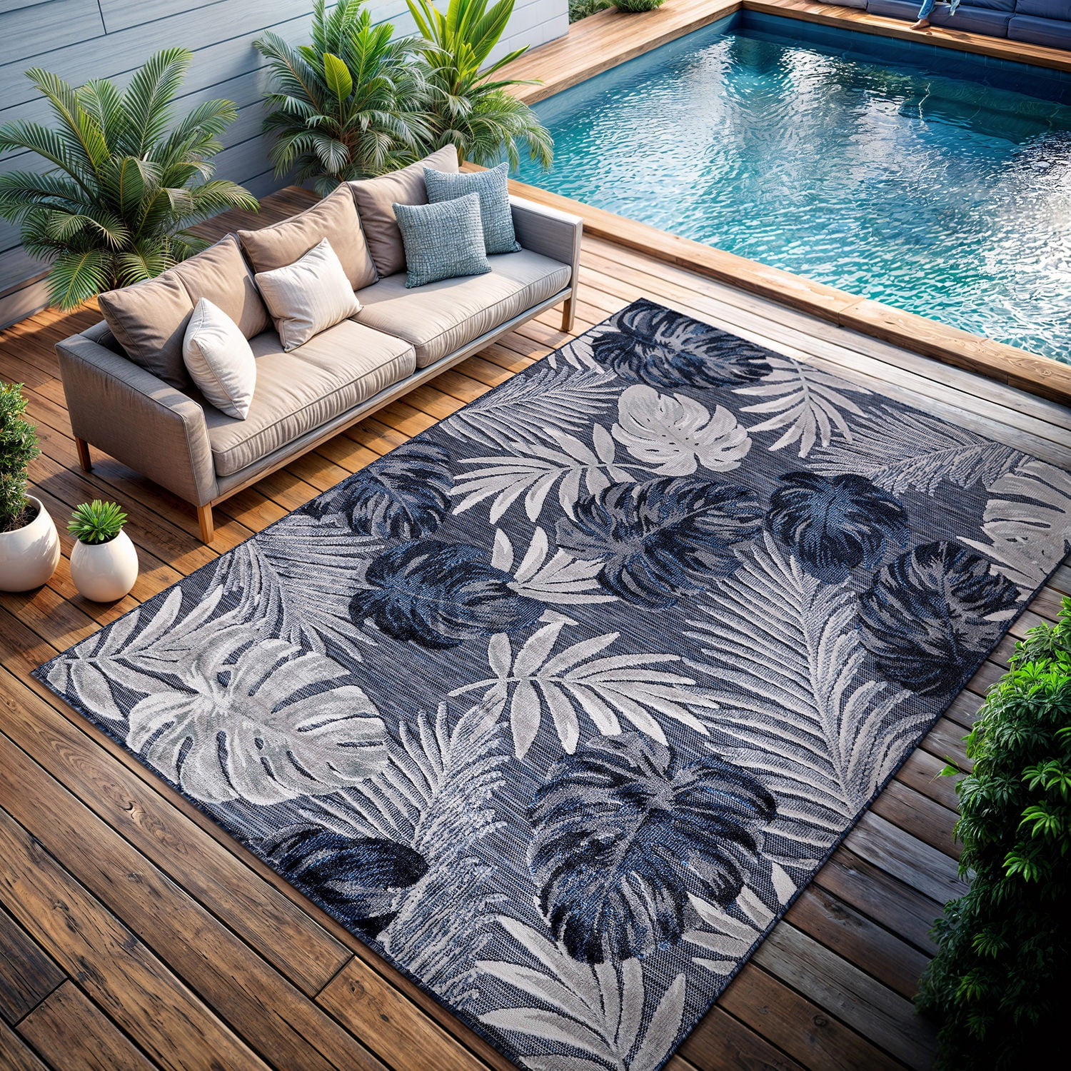 CAMILSON Spring Leaf Tropical Botanical Easy-Cleaning Non-Shedding Washable Outdoor Indoor Area Rug Navy Blue 6x9