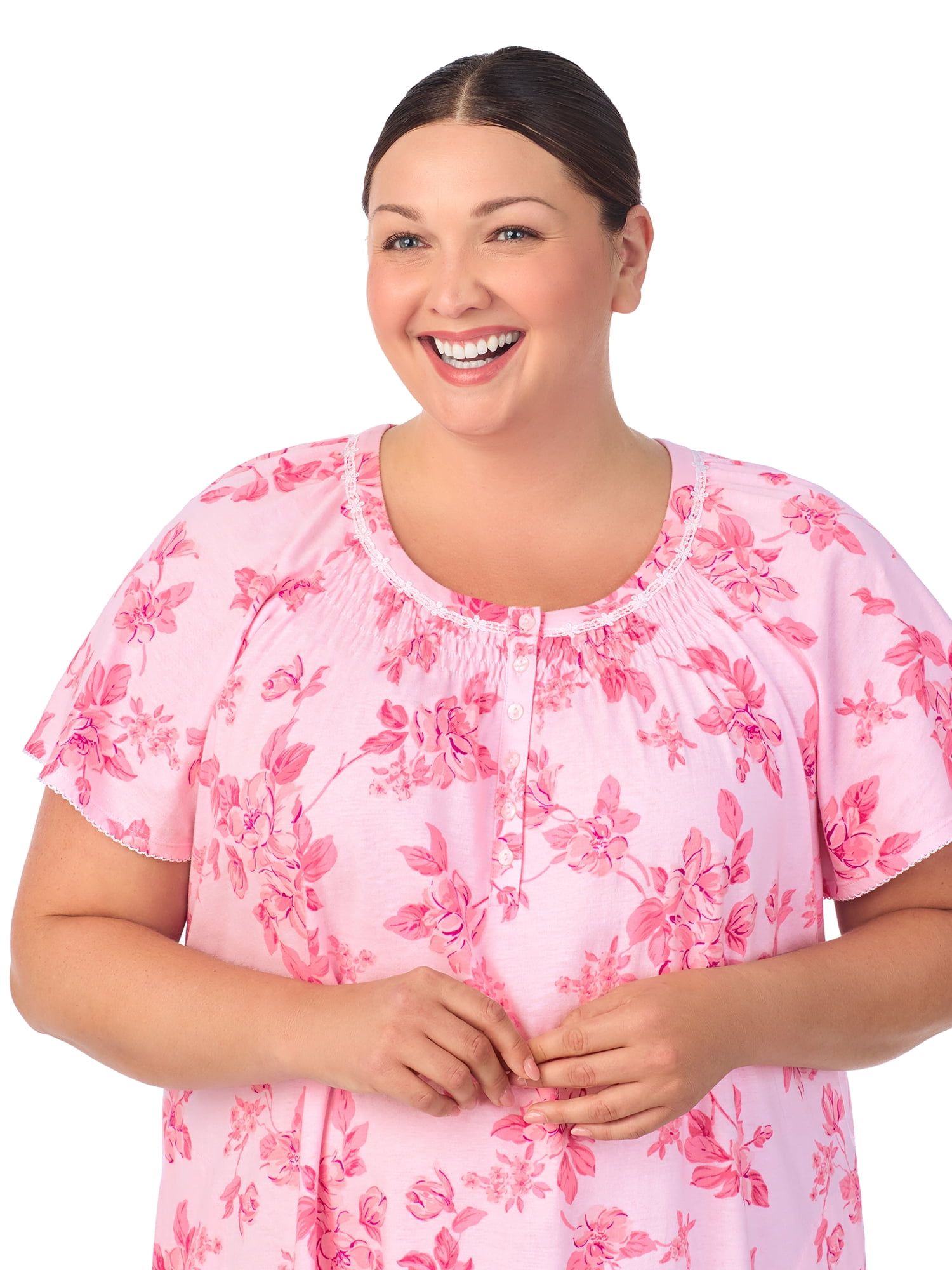 Aria Women's 100% Cotton Raglan Sleeve Smocked Neck Sleepwear 40" Gown, Sizes XS-5X