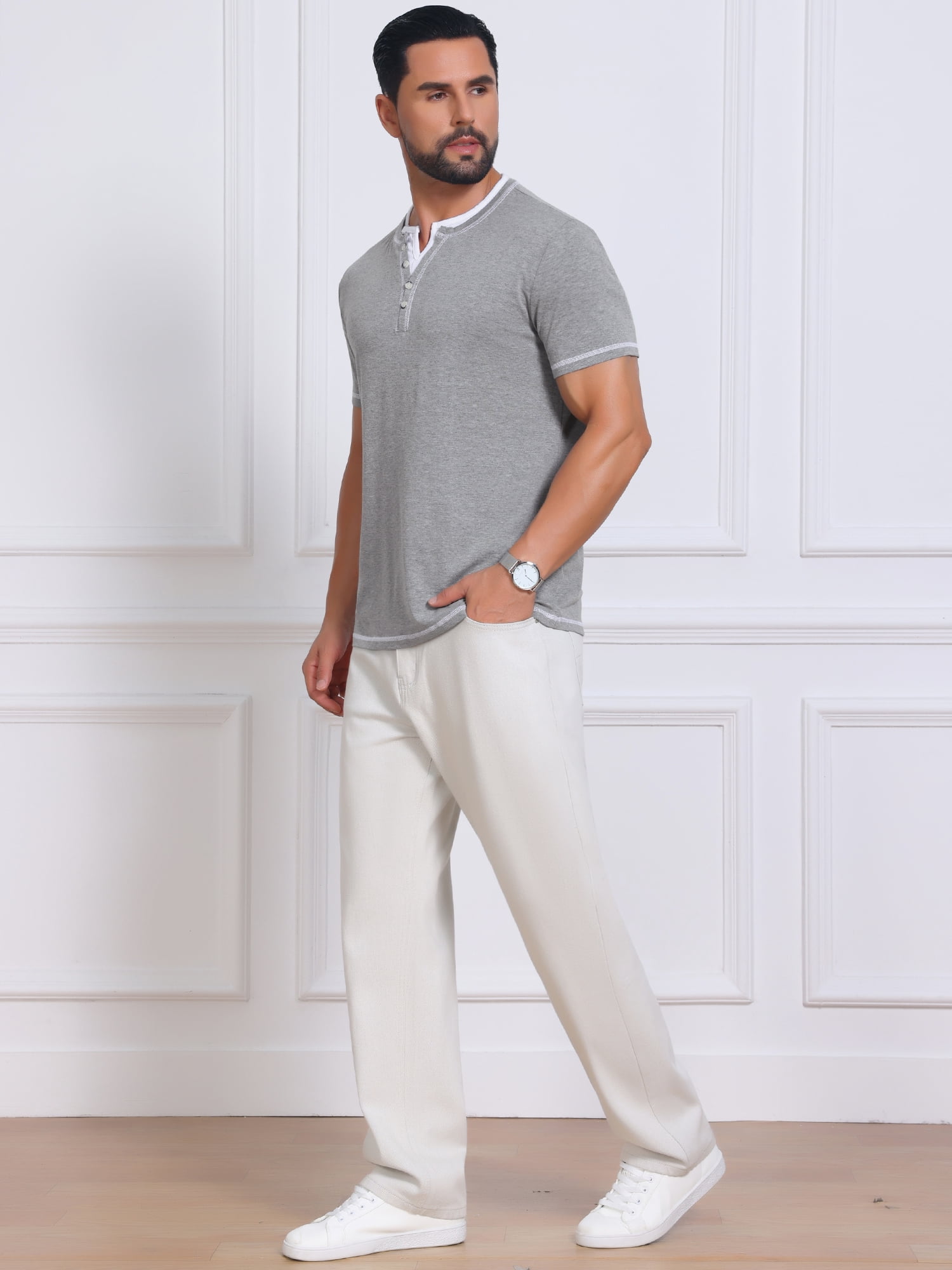 DARING DIVA Men's Henley V-Neck Colorblock Button Down Short Sleeve T-Shirt M Light Gray
