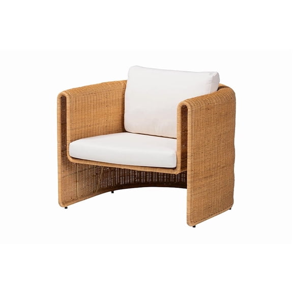 bali & pari Carina Natural Rattan Armchair with Cushion - Handwoven Lounge Chair with U-Shaped Silhouette and Deep Seating for Boho, Coastal, or Tropical Living Spaces