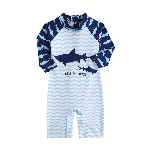 Lullu Boys Long Sleeve Rash Guard One-Piece Swimsuit with Shark Print Swimwear, Sizes 2-8