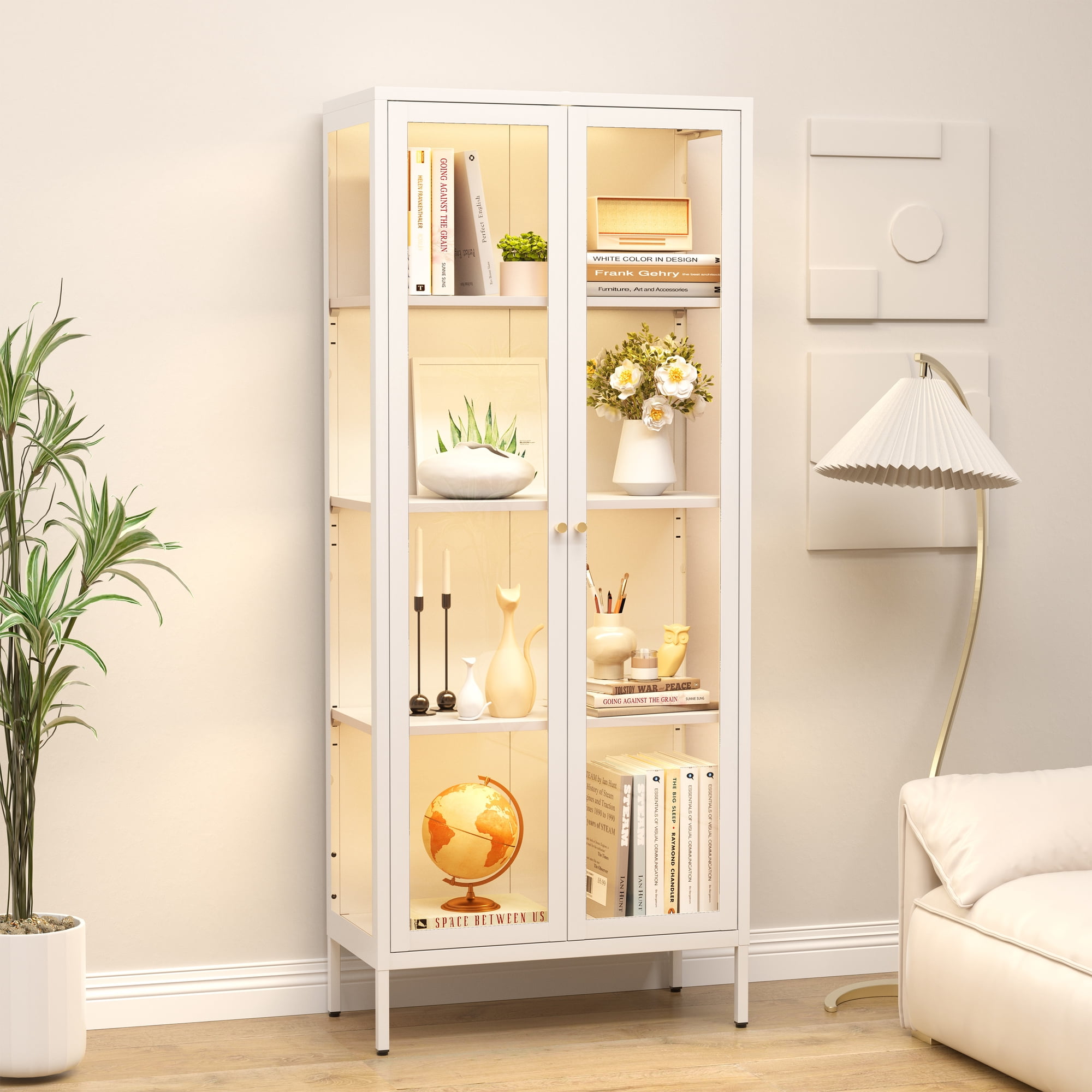 SteeLoong 66”H Display Cabinet with Glass Doors, 8 Color LED Lights Storage Cabinet with 3 Adjustable Shelves,White
