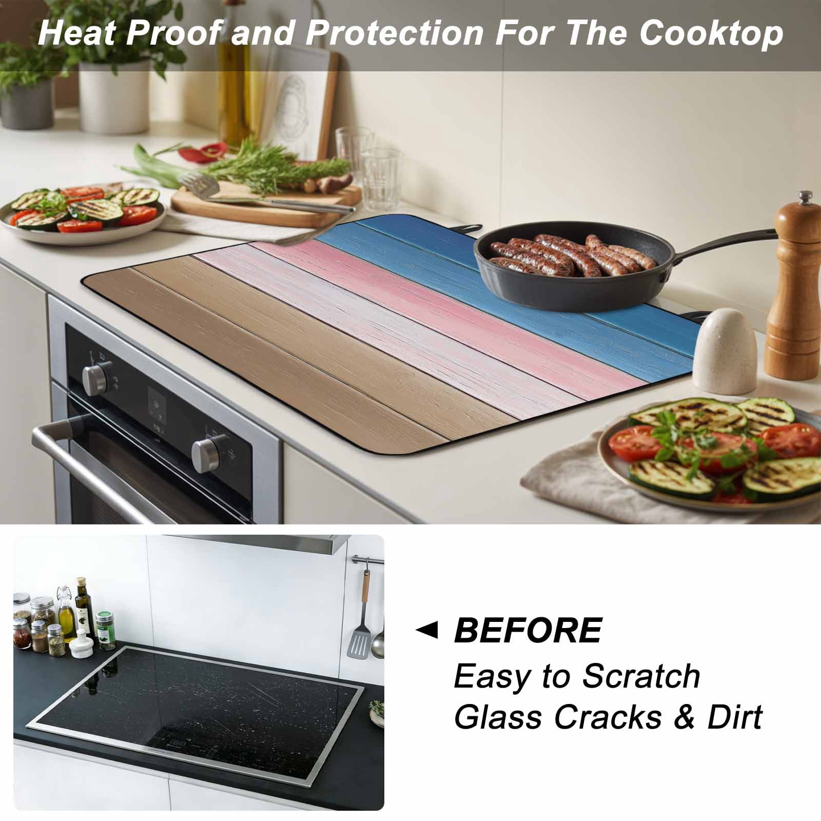 Pink Blue Brown Stove Top Cover for Electric Stove, Heat-proof & Non Slip Glass Top Stove Cover Protector, Farmhouse Gradient Wooden Plank Art Kitchen Flat Cooktop Rubber Mat 28.5x20.5 Inches