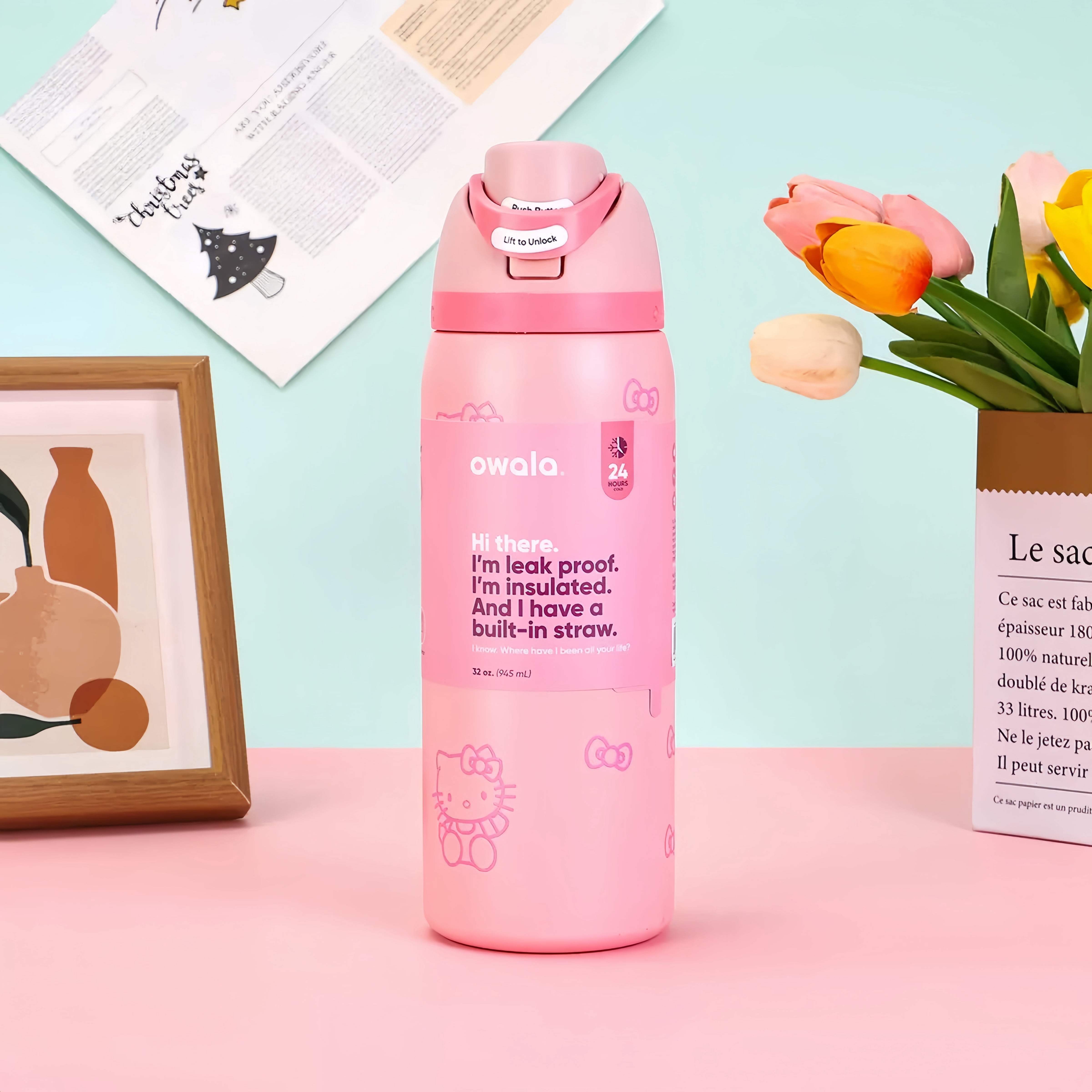 32oz Limited Edition Stainless Steel Tumbler - Leakproof Dual Lid (Straw & Sip), Soft Handle, Double-Wall Insulated Travel Mug for Office, Camping, Sports, Home, Ideal Gift (Pink Cat).