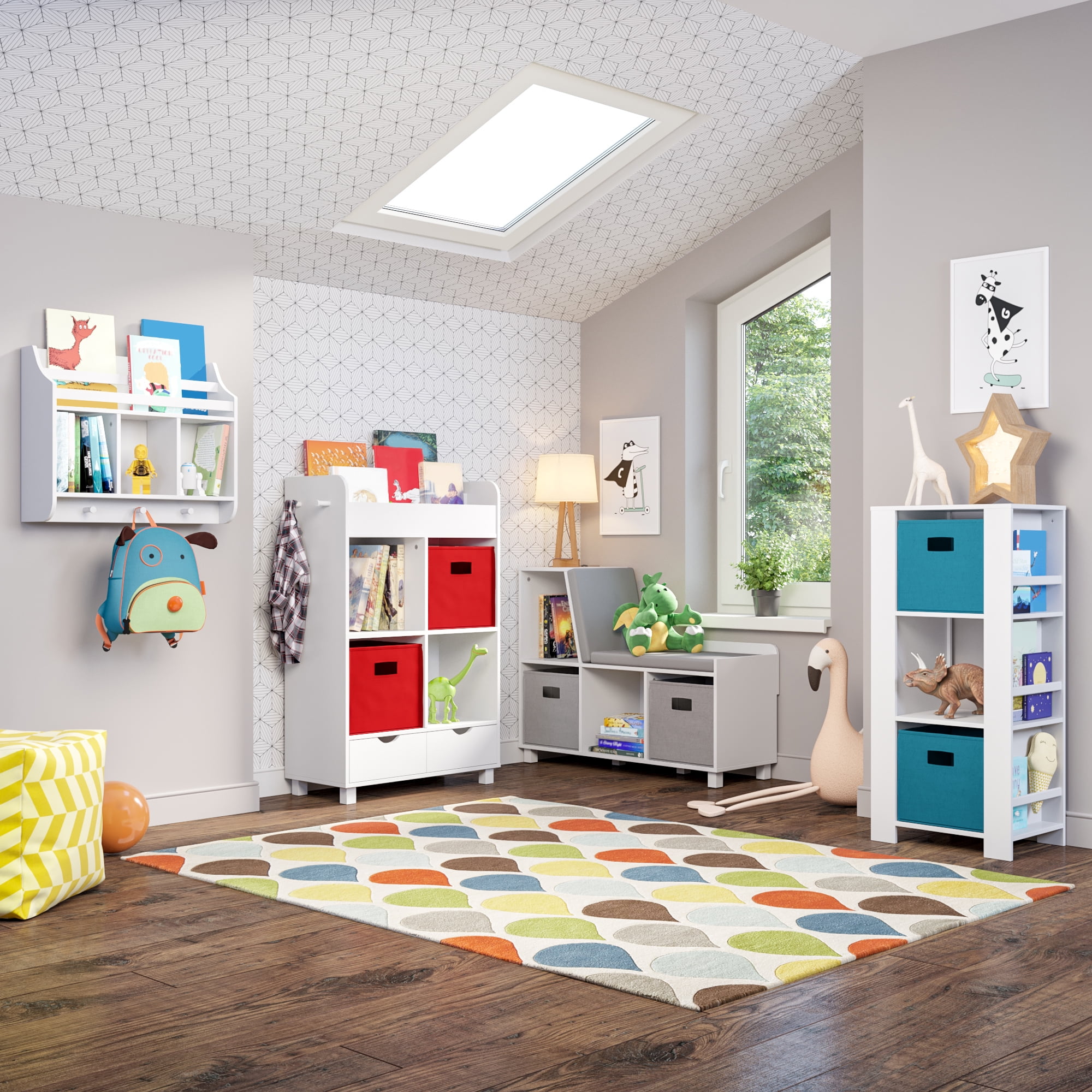 RiverRidge Kids Bookshelf Toy Organizer Tower with 3 Cubbies 6 Bookracks and 2 Gray Bins