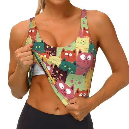 Qokaie Cute Cartoon Cat Pattern Womens Scoop Neck Sports Bra Breathable Workout Vest Padded U Back Medium Impact Fitness Gym Yoga Bra Workout Crop Top