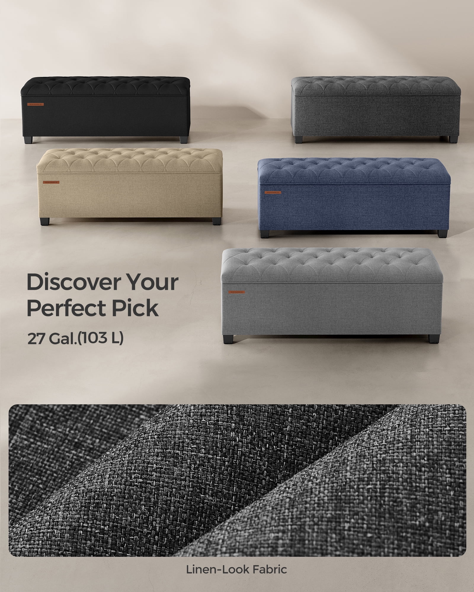 SONGMICS 43.3" Storage Ottoman Bench, Foot Rest with Legs, Ottoman with Storage, Rectangle End of Bed Bench, Storage Chest, Load up to 660 lb, Study