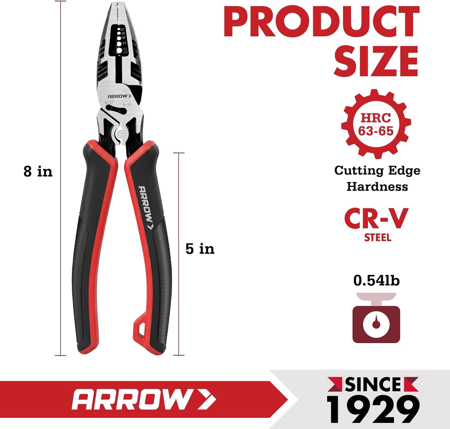 ARROW 6-in-1 Linemans Pliers, 8" Multipurpose Linesman Pliers, CRV Side Cutters for Wire Cutting, Gripping, Crimping, Stripping