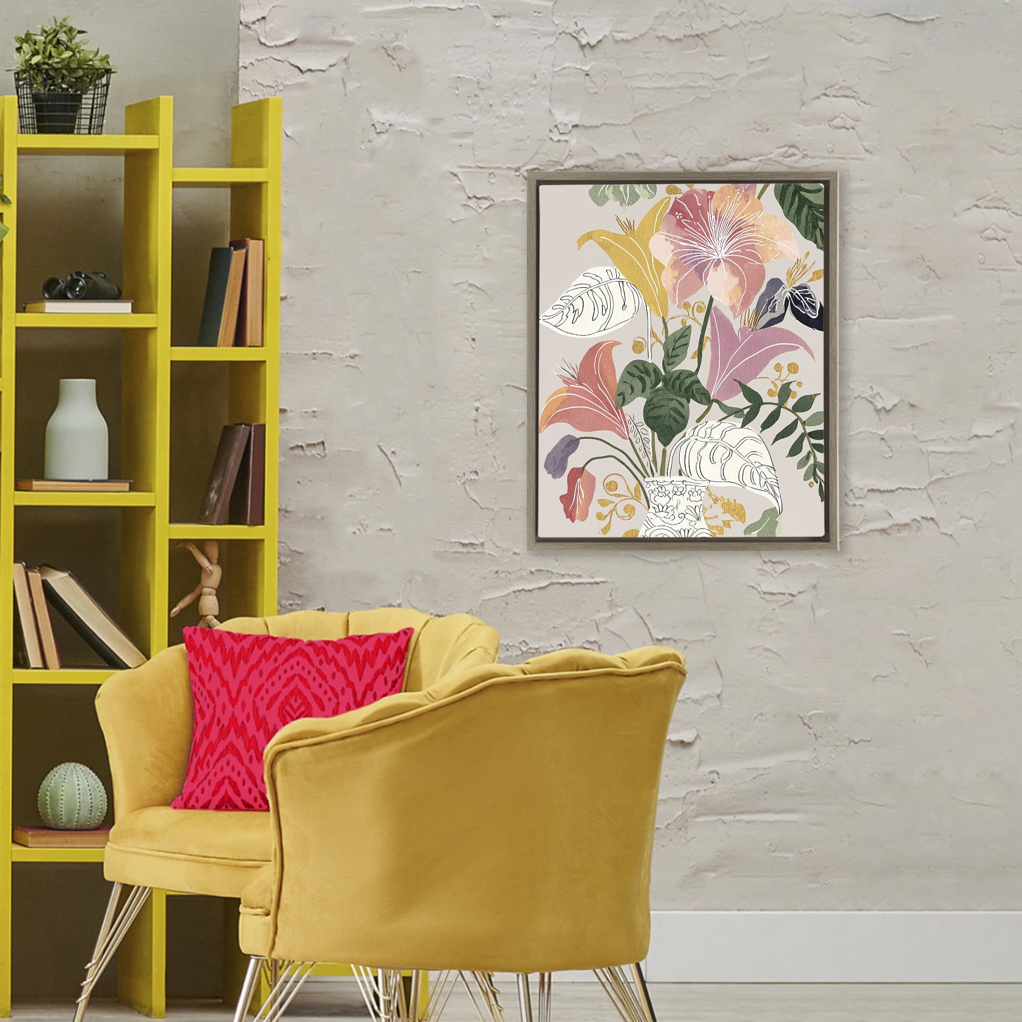Playful Flower Bouquet Brown Framed Floater Canvas Wall Art, design by Annabelle Hall