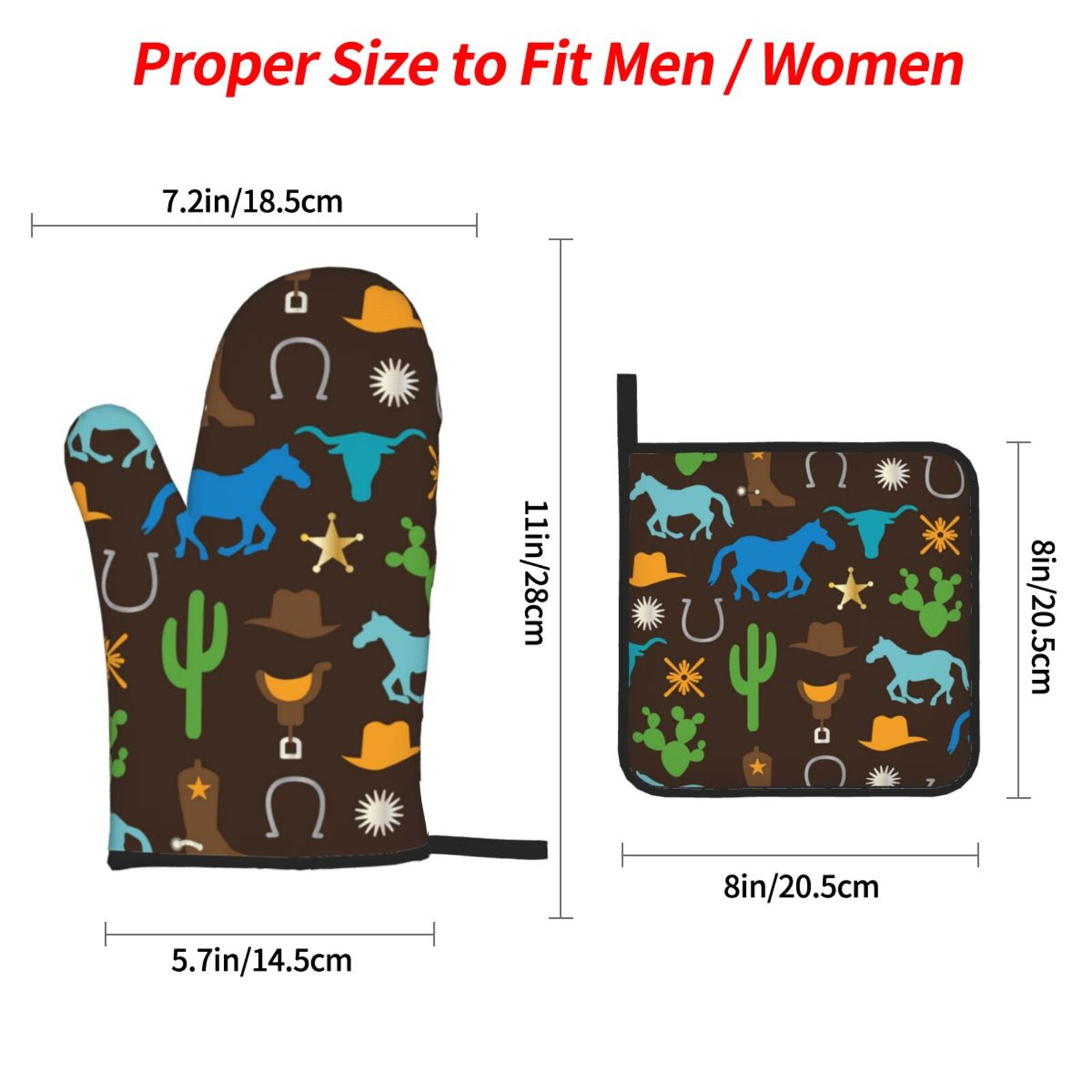 Cowboy Western West Horse Cactus 4Pcs Oven Mitts and Pot Holders Sets Oven Kitchen Gloves Hot Pads for Cooking BBQ Baking Grilling
